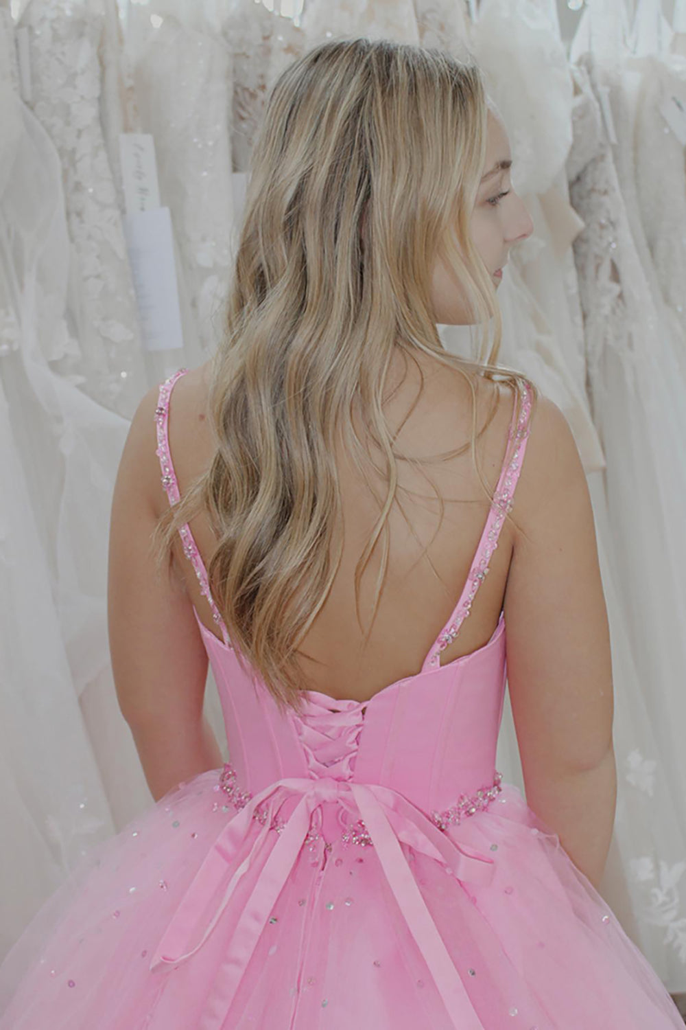 Long Corset Prom Dress in Sparkly Pink with Princess Tulle and Beaded Spaghetti Straps