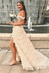 Beige Princess Sparkle Corset Prom Dress with Off-Shoulder Tulle Tiers and Applique