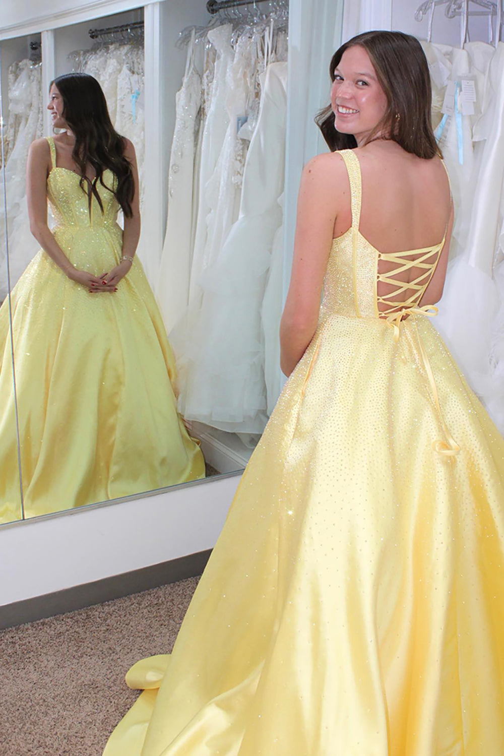 Long Beaded Prom Corset Dress with Sparkly Yellow Princess Spaghetti Straps