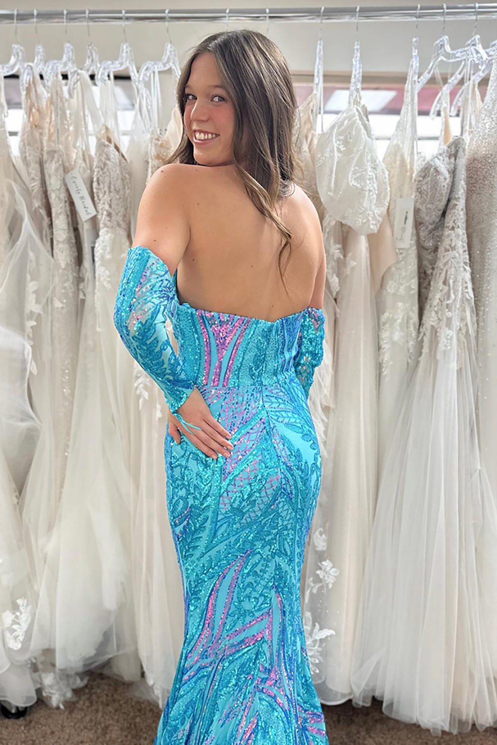 Long Blue Sparkly Mermaid Prom Dress with Sweetheart Neckline and Sequin Slit