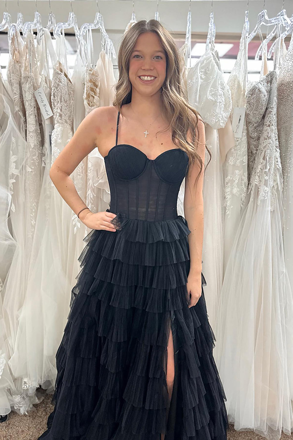 Long A-Line Corset Prom Dress with Black Spaghetti Straps and Tiered Tulle