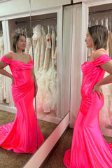 Long Mermaid Prom Dress in Hot Pink Satin with Spaghetti Straps Corset