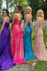 Long Satin Mermaid Prom Dress with Purple Spaghetti Straps and Beading