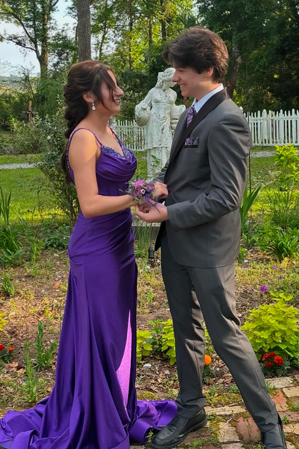 Long Satin Mermaid Prom Dress with Purple Spaghetti Straps and Beading