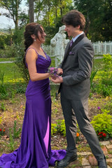 Long Satin Mermaid Prom Dress with Purple Spaghetti Straps and Beading