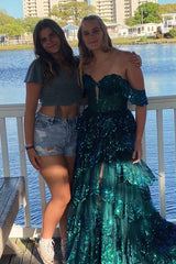 Royal Blue Sparkle Sequin Off-The-Shoulder Princess Corset Prom Dress with Tiered Tulle and Slit