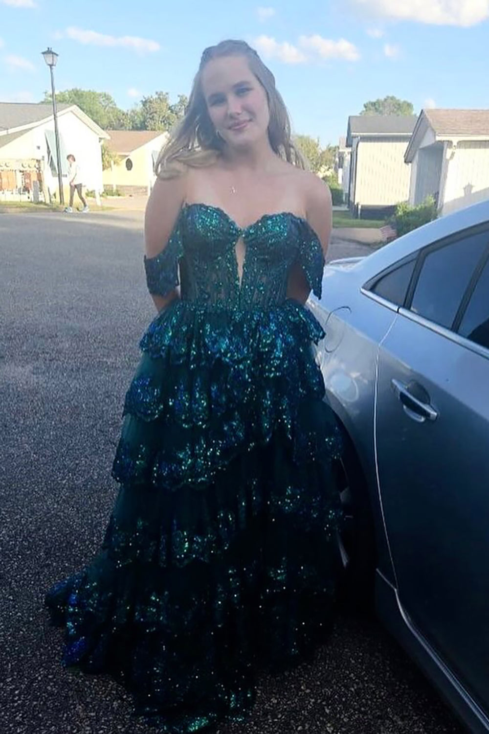 Royal Blue Sparkle Sequin Off-The-Shoulder Princess Corset Prom Dress with Tiered Tulle and Slit