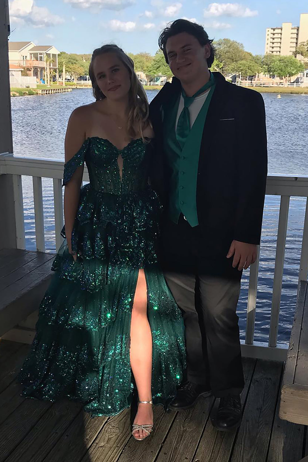 Royal Blue Sparkle Sequin Off-The-Shoulder Princess Corset Prom Dress with Tiered Tulle and Slit