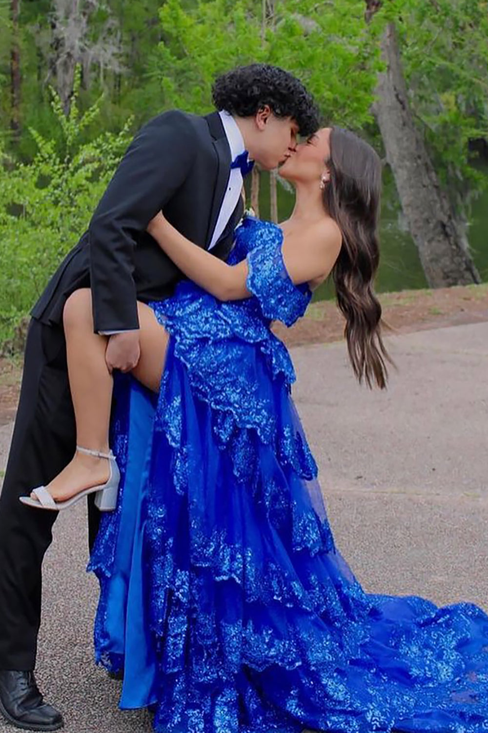 Royal Blue Sparkle Sequin Off-The-Shoulder Princess Corset Prom Dress with Tiered Tulle and Slit