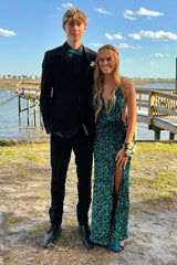 Long Mermaid Prom Dress with Sparkly Emerald Green Sequin Spaghetti Straps