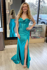 Long Satin Mermaid Prom Dress with Turquoise Ruched Sweetheart Corset