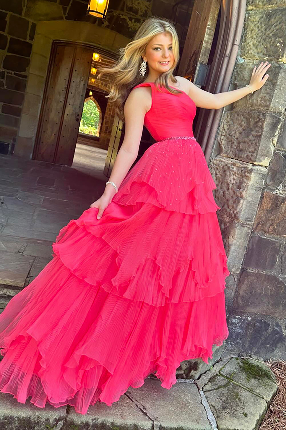 Long One-Shoulder Corset Prom Dress in Fuchsia with Tiered Tulle and Beaded Details