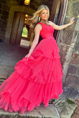 Long One-Shoulder Corset Prom Dress in Fuchsia with Tiered Tulle and Beaded Details