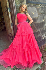 Long One-Shoulder Corset Prom Dress in Fuchsia with Tiered Tulle and Beaded Details