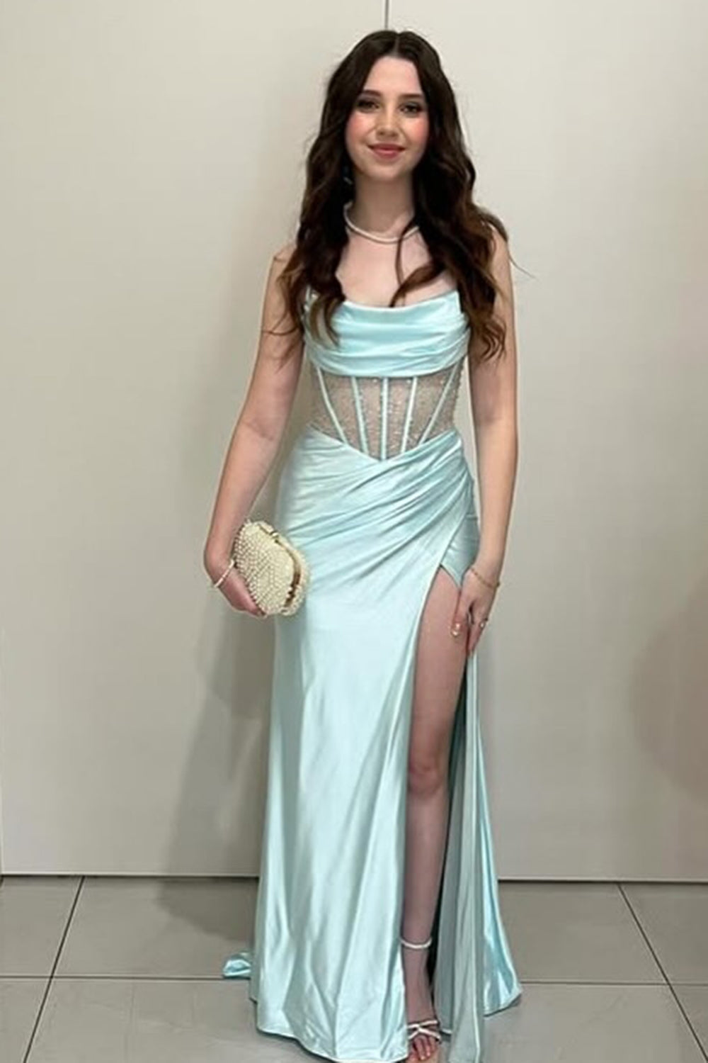Long Satin Mermaid Prom Corset in Green with Strapless Beaded Design