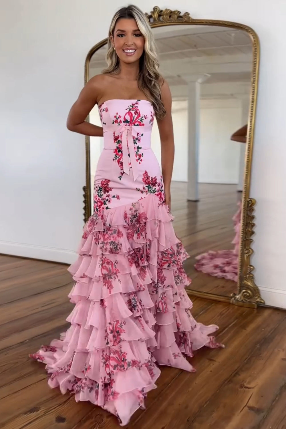 Strapless Mermaid Prom Dress in Long Pink Floral Chiffon with Tiered Design