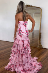 Strapless Mermaid Prom Dress in Long Pink Floral Chiffon with Tiered Design