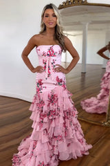 Strapless Mermaid Prom Dress in Long Pink Floral Chiffon with Tiered Design