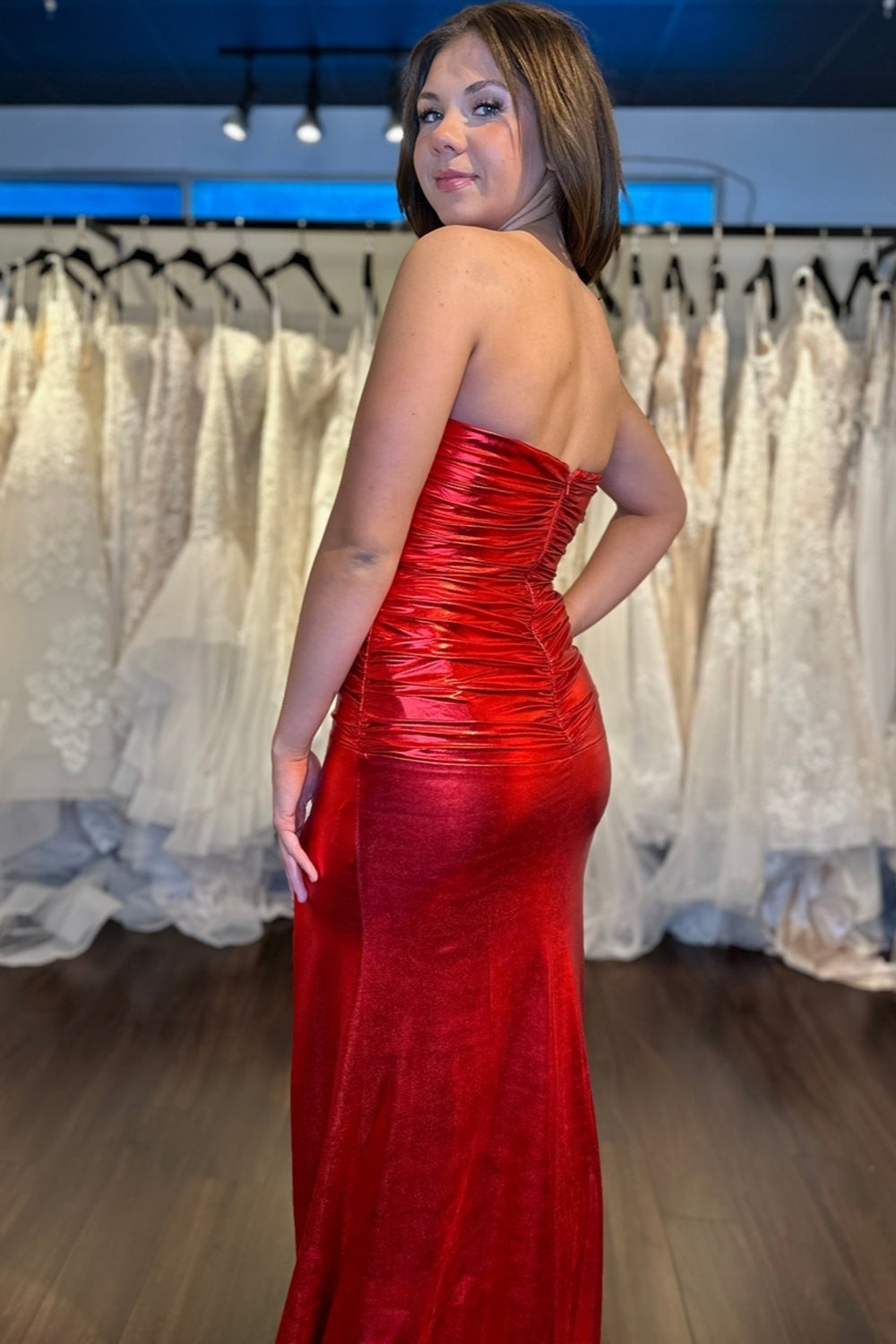 Long Red Metallic Mermaid Prom Dress with Ruched Strapless Design and Slit