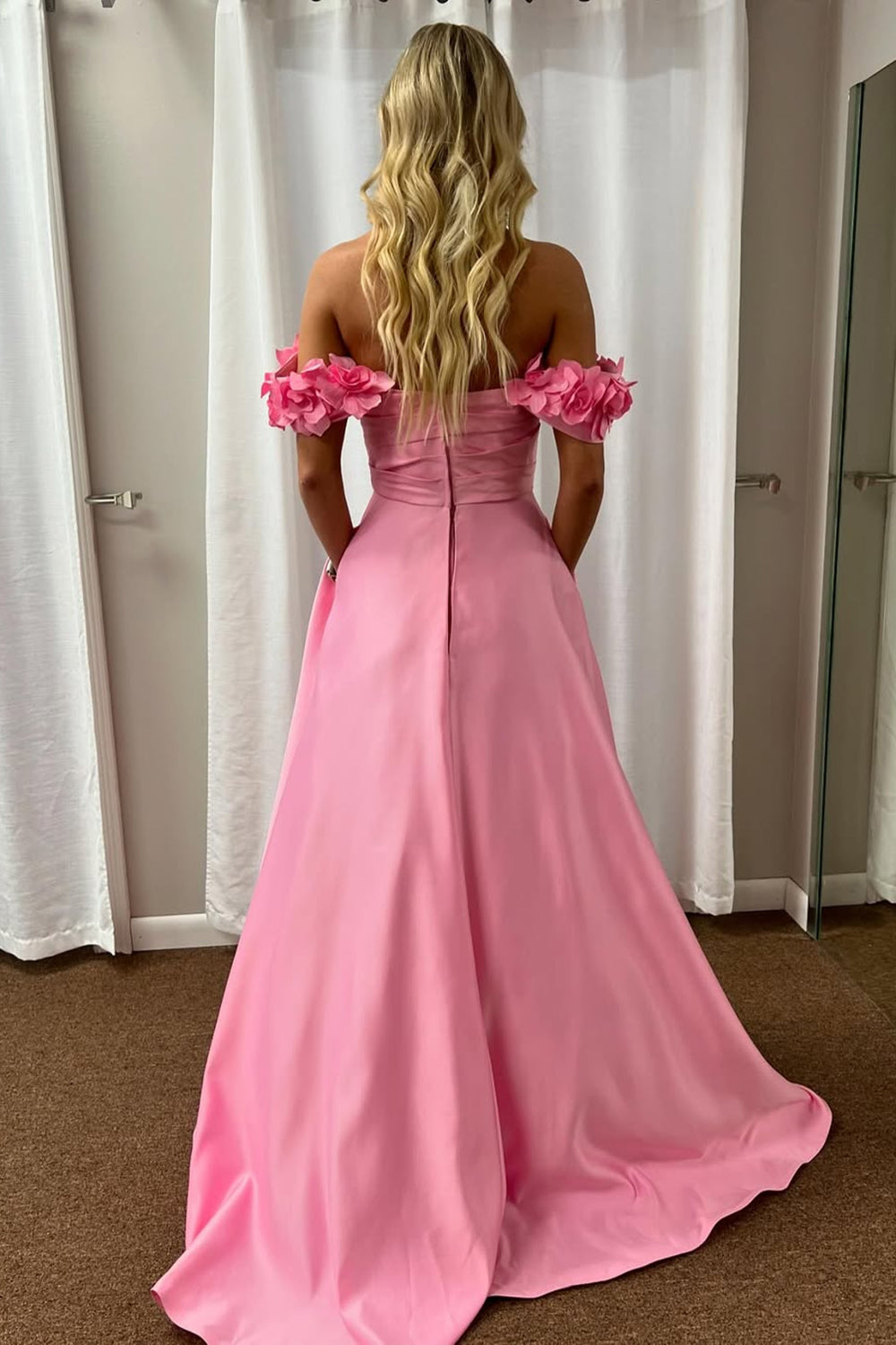 Satin A-Line Long Prom Dress with 3D Flowers in Blush Off the Shoulder