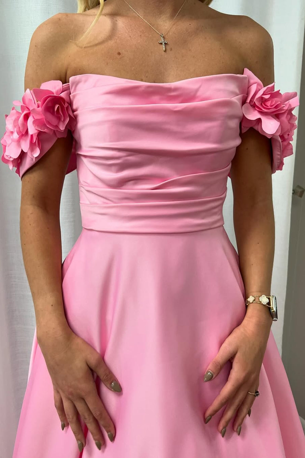Satin A-Line Long Prom Dress with 3D Flowers in Blush Off the Shoulder