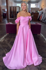 Satin A-Line Long Prom Dress with 3D Flowers in Blush Off the Shoulder
