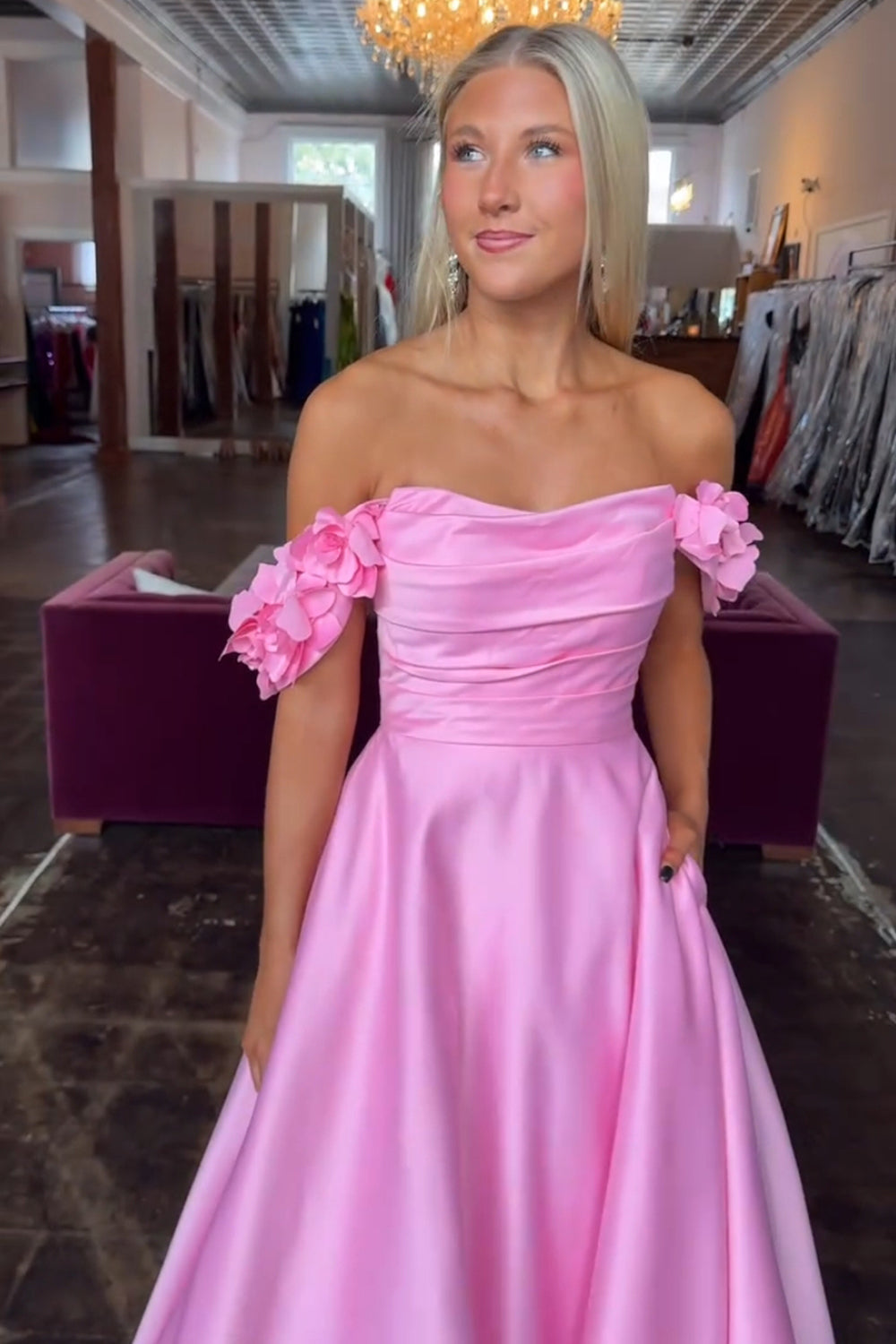 Satin A-Line Long Prom Dress with 3D Flowers in Blush Off the Shoulder