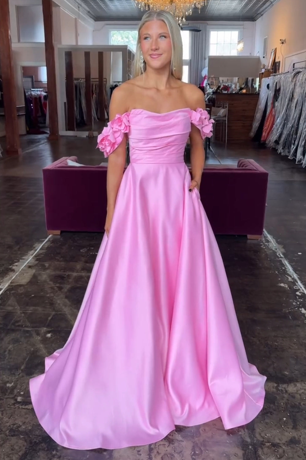 Satin A-Line Long Prom Dress with 3D Flowers in Blush Off the Shoulder