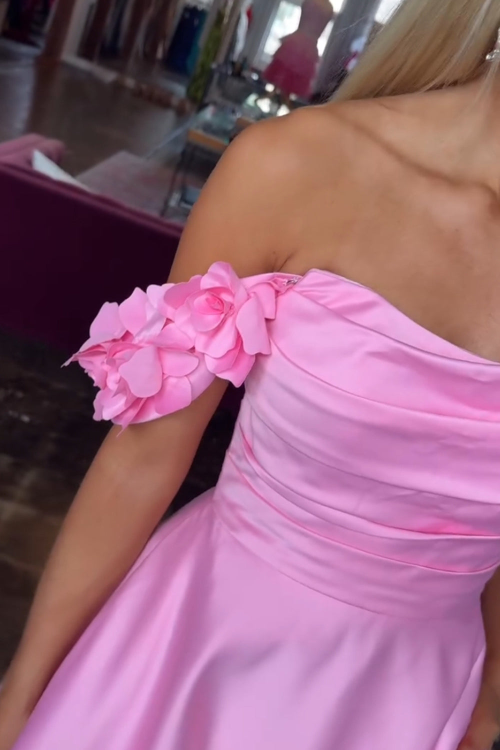 Satin A-Line Long Prom Dress with 3D Flowers in Blush Off the Shoulder