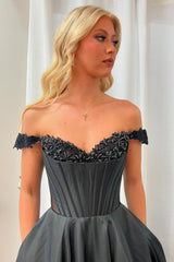 Princess Satin Corset Prom Dress in Black with Beading Off-the-Shoulder Long