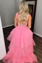 Princess Long Prom Dress in Sparkly Pink with Tulle Tiered Layers and Spaghetti Straps Appliques