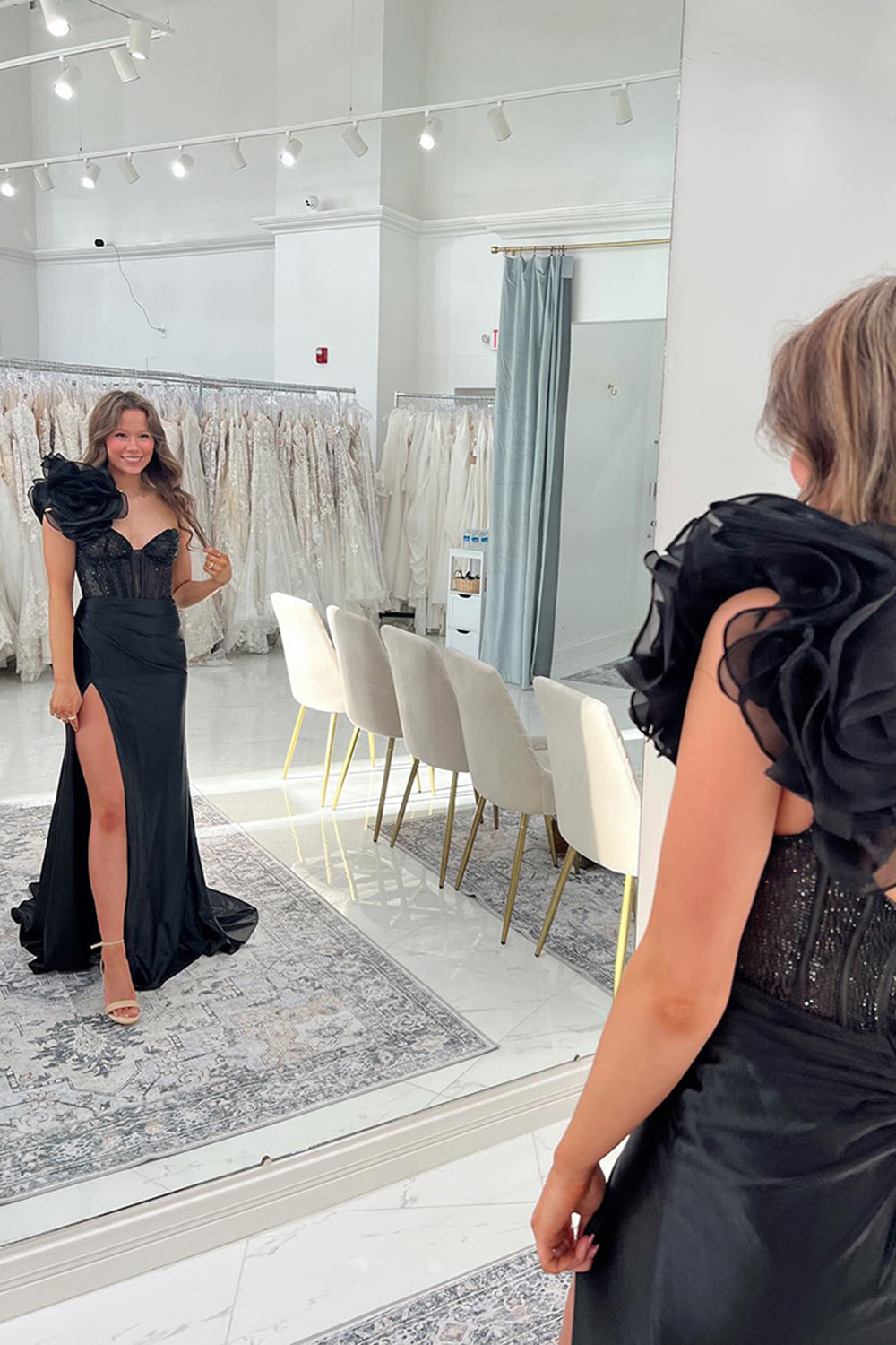 Long Navy Beaded Mermaid Prom Dress with One Shoulder and Slit Corset