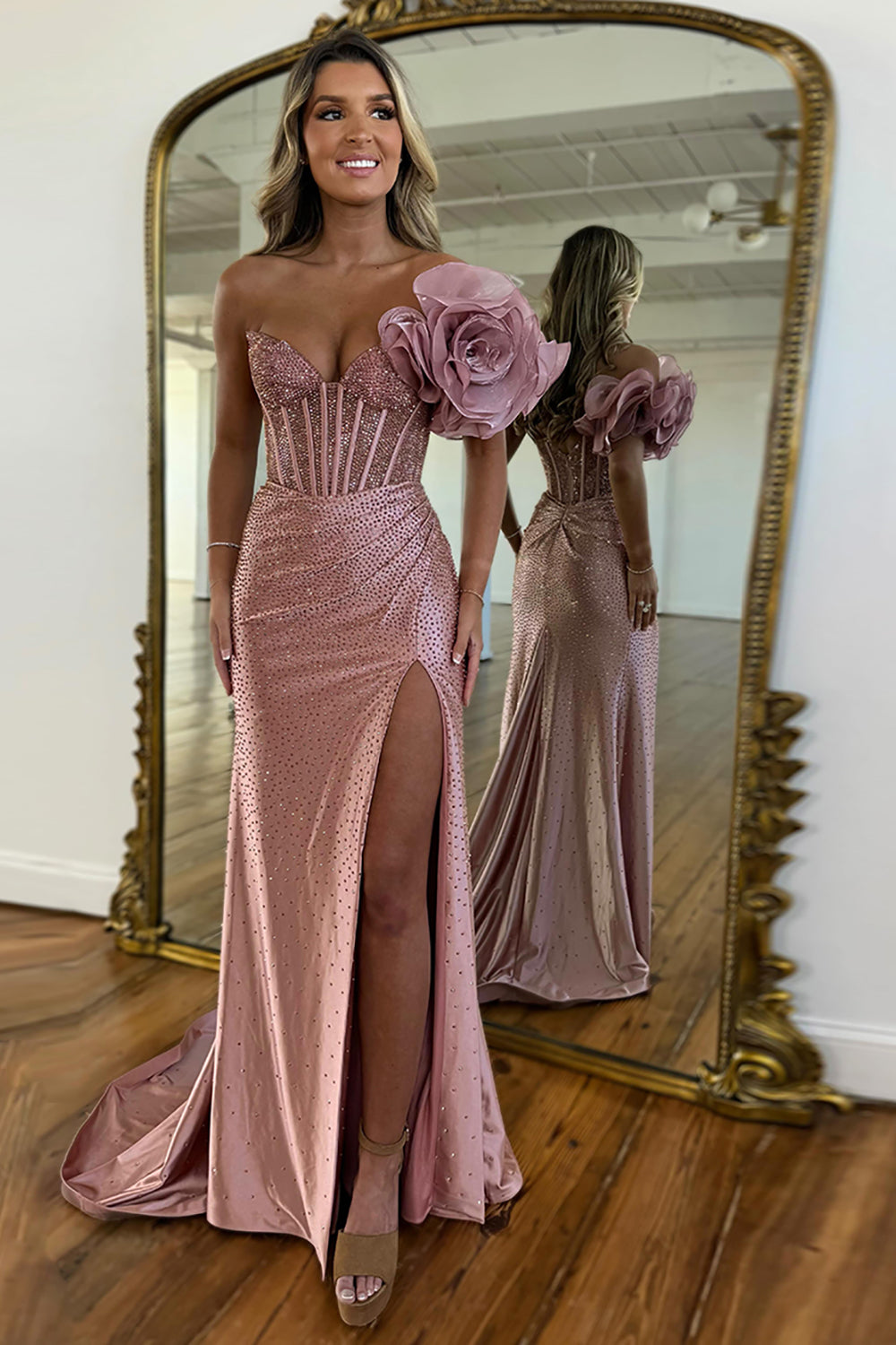 Long Navy Beaded Mermaid Prom Dress with One Shoulder and Slit Corset