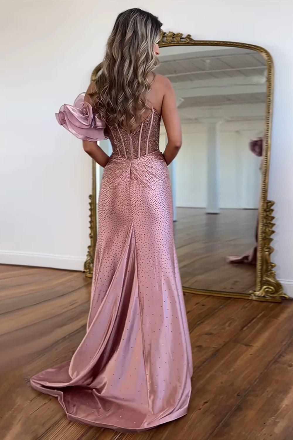 Long Navy Beaded Mermaid Prom Dress with One Shoulder and Slit Corset