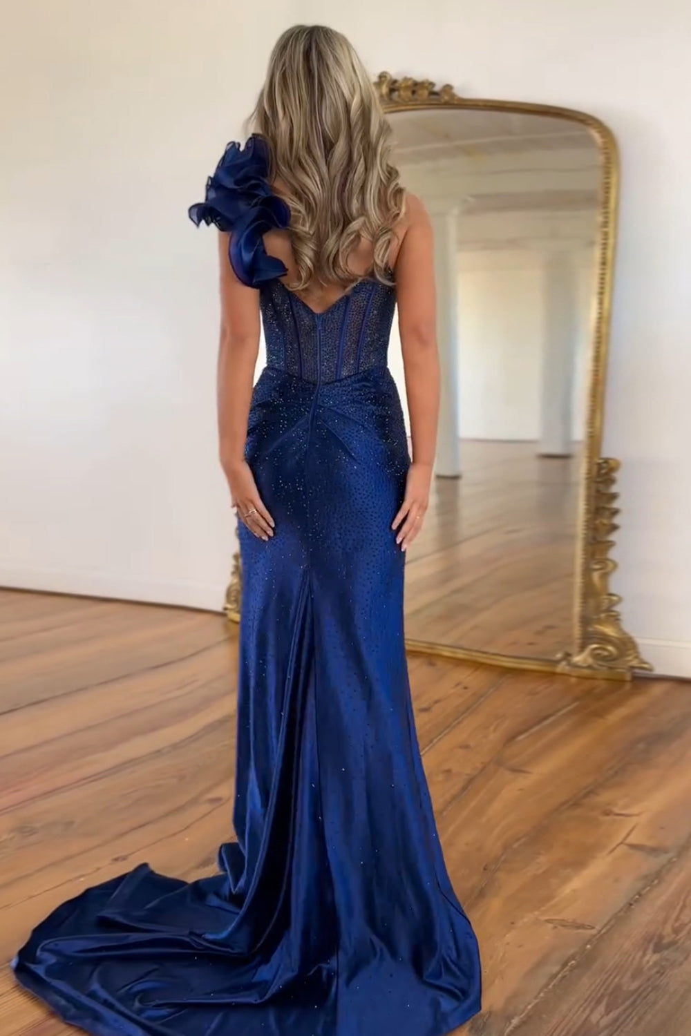 Long Navy Beaded Mermaid Prom Dress with One Shoulder and Slit Corset