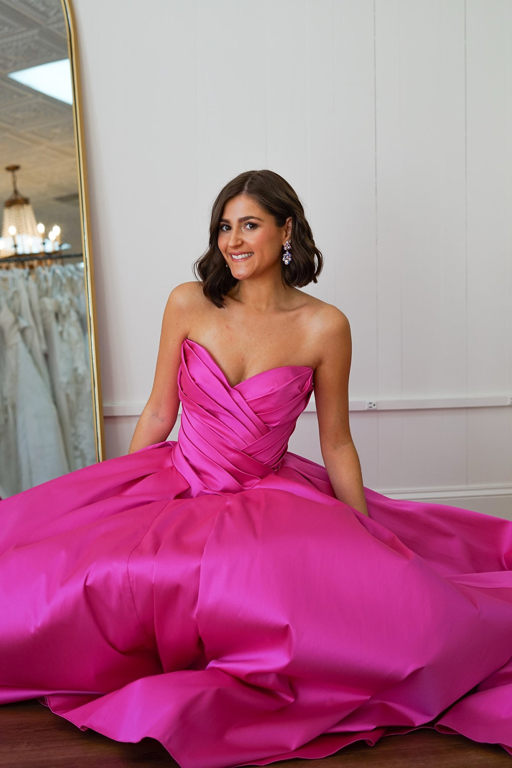 Long Ruched Satin Prom Dress in Fuchsia Princess Sweetheart