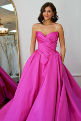 Long Ruched Satin Prom Dress in Fuchsia Princess Sweetheart