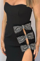 Long Satin Prom Dress in Black with Sweetheart Neckline and Bows