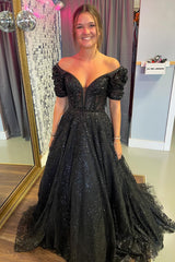 Black Sequin Princess Corset Prom Dress with Sparkly Appliques and Puff Sleeves