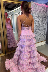Pink Princess Floral Long Prom Dress with Spaghetti Straps and Tiered Tulle Slit