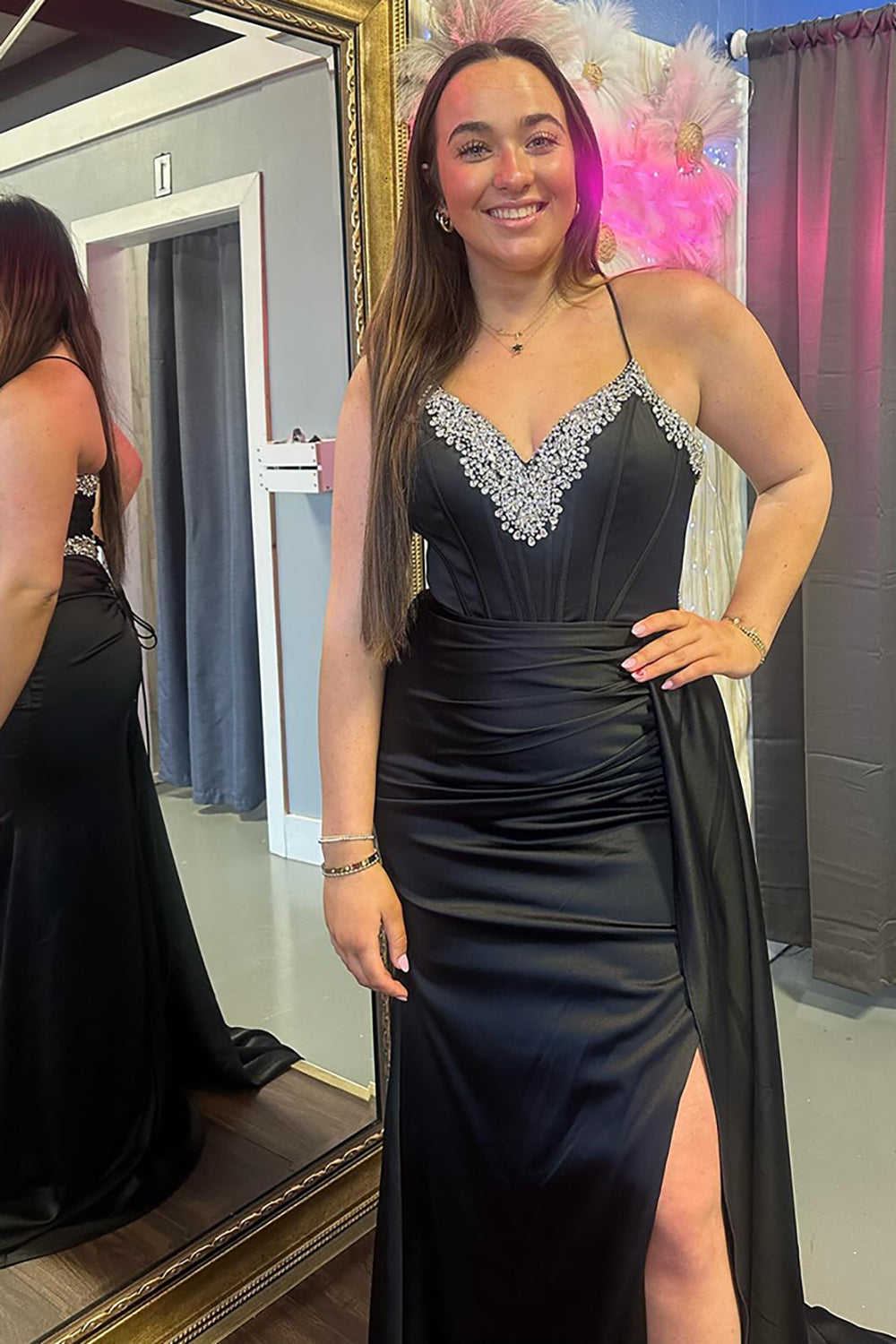 Long Satin Mermaid Prom Dress with Black Spaghetti Straps and Beading
