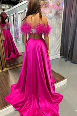 Long Fuchsia Satin Corset Prom Dress with Beaded Off-Shoulder Cut-out and Feather