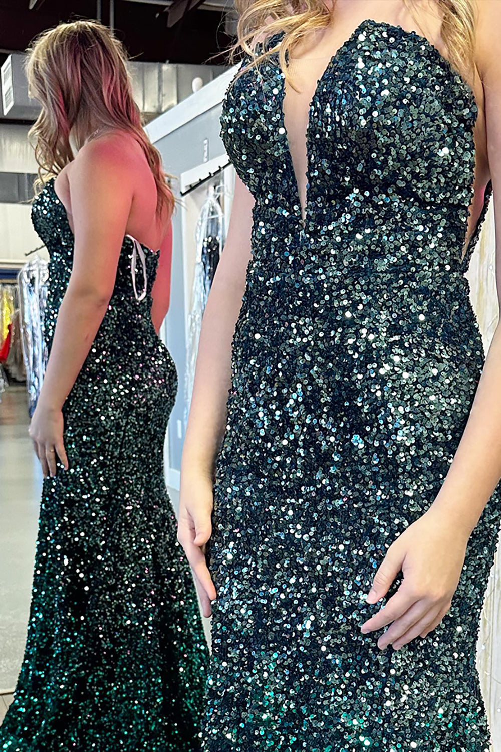 Long Dark Green Sequin Mermaid Prom Dress with Sparkly Strapless Design