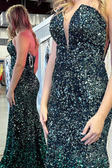 Long Dark Green Sequin Mermaid Prom Dress with Sparkly Strapless Design