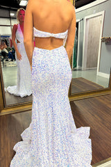 Long White Sparkly Mermaid Prom Dress with Halter Neck and Sequin Cut-outs