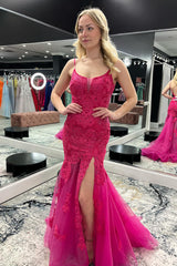 Fuchsia Sparkle Mermaid Prom Dress with Tulle Tiers and Spaghetti Straps Embellished with Appliques