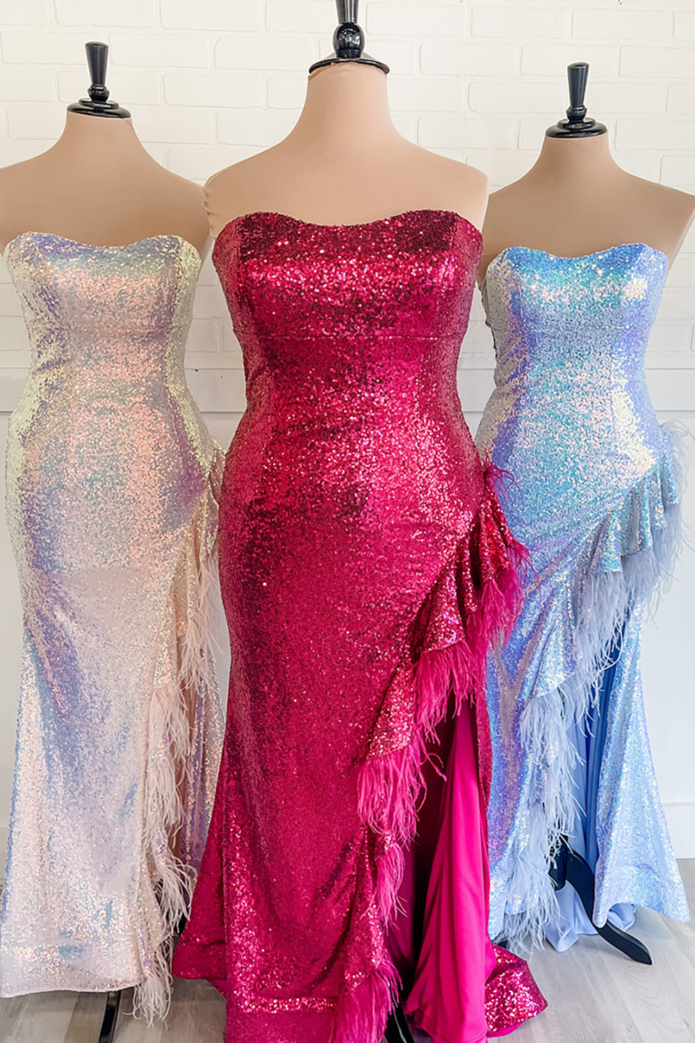 Long Fuchsia Mermaid Prom Dress with Sparkly Sequin and Feather Sweetheart Neckline