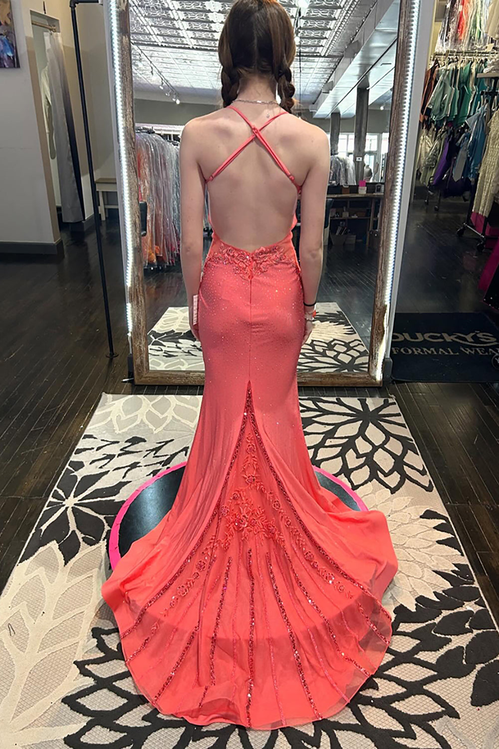 Long Beaded Mermaid Prom Dress with Sparkly Coral Spaghetti Straps and Appliques
