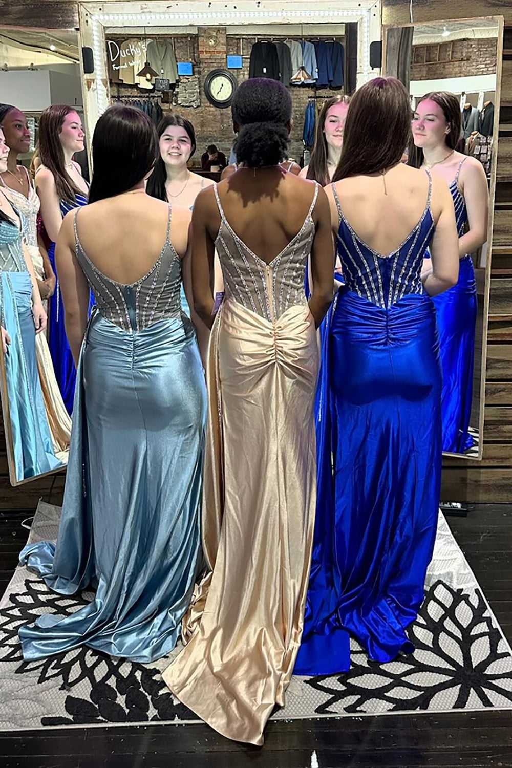 Satin Mermaid Prom Dress in Light Blue with Corset Long Slit and Spaghetti Straps