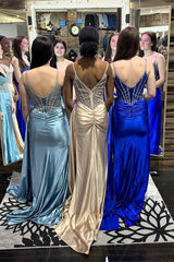 Satin Mermaid Prom Dress in Light Blue with Corset Long Slit and Spaghetti Straps